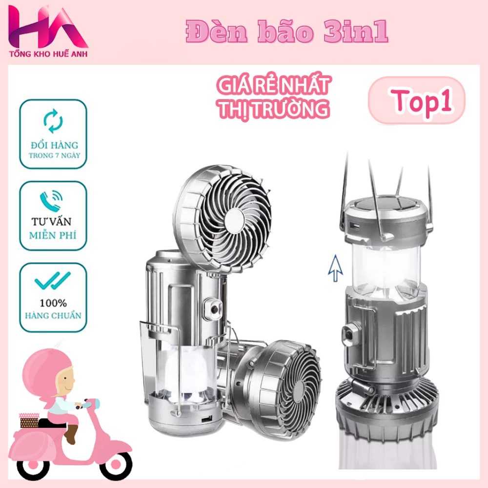 Đèn bão camping năng lượng mặt trời 3in1, đèn pin kiêm quạt mini, sạc dự phòng, công nghệ chống nước, bảo hành 12 tháng