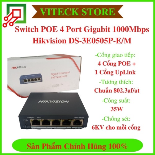 Switch POE 4 Port Gigabit 1000Mbps Hikvision DS-3E0505P-E/M Chính Hãng - BH 2 Năm