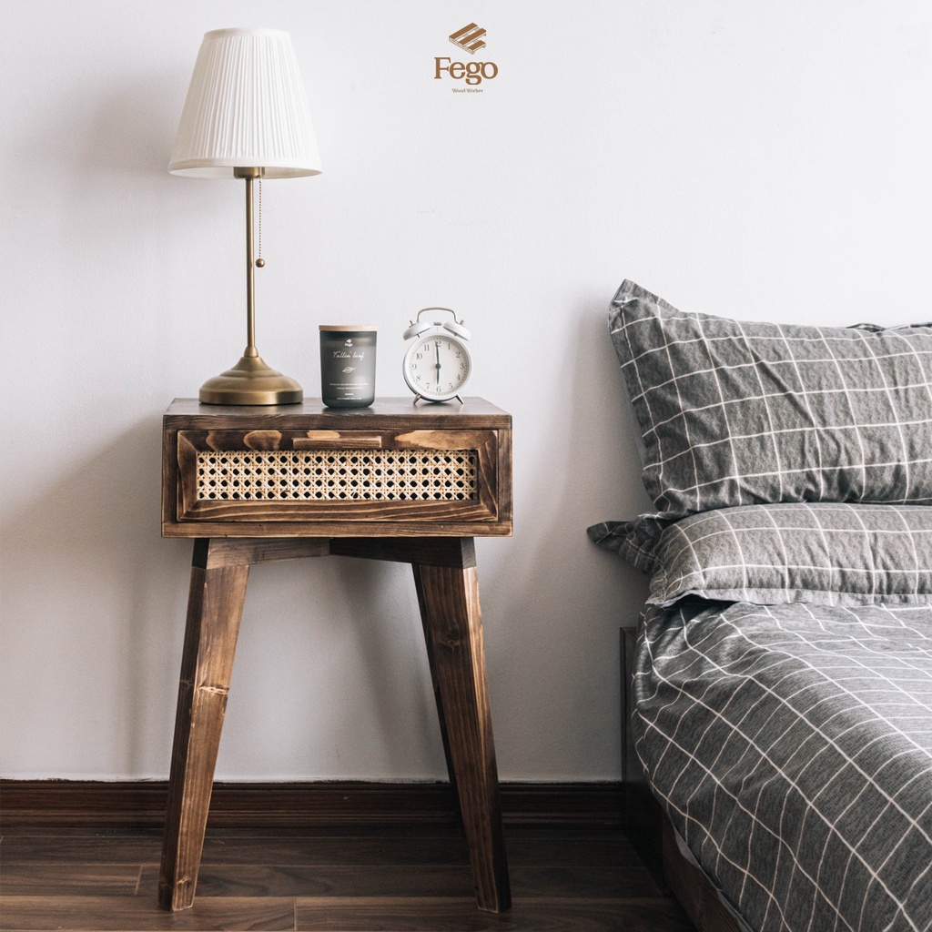Kệ tab đầu giường gỗ tự nhiên mây đan FEGO có ngăn kéo trang trí phòng ngủ, phòng khách