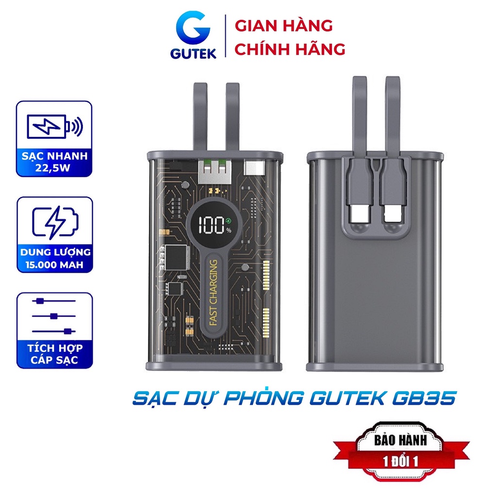 Sạc dự phòng Gutek GB35 sạc nhanh 22,5w Pin 15000mah vỏ trong suốt tích hợp cáp sạc iphone Type-C
