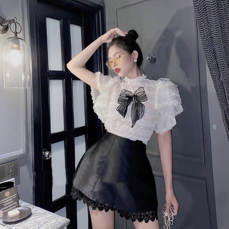 Set áo trắng ren váy đen (kèm hình thật)