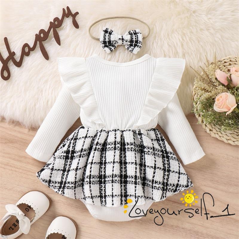 Bộ Đầm Liền Thân Tay Dài Nhún Bèo Họa Tiết Sọc Caro + Băng Đô Cài Tóc Xinh Xắn Cho Bé Gái B930G