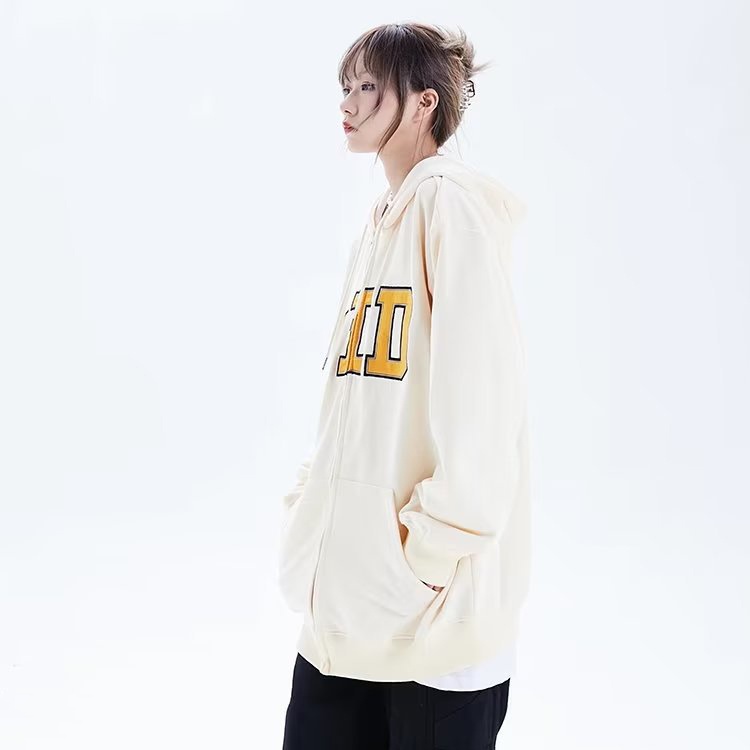 IELGY    Áo Khoác Hoodie Có Khóa Kéo Thêu Chữ Phong Cách Mỹ Cổ Điển Thời Trang Cho Nữ