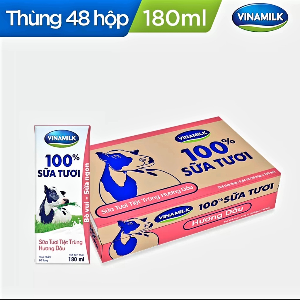 [HSD T4-2023] Thùng 48 Hộp Sữa Tươi Tiệt Trùng Vinamilk 100% Hương Dâu 180ml