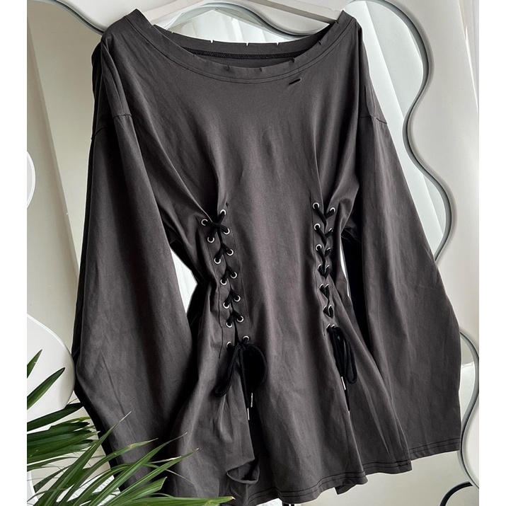 ĐẦM THUN XÁM DÀI TAY CỔ THUYỀN THẮT EO