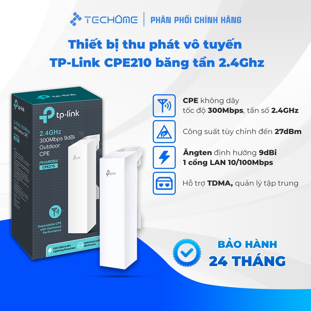 Thiết Bị Thu Phát Không Dây CPE Ngoài Trời TP-LINK CPE210 9dBi Tốc Độ 300Mbps Tần Số 2.4GHz Khoảng Cách 5Km