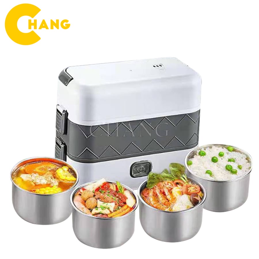 Hộp Cơm Cắm Điện LUNCHBOX 2 Tầng 4 Ngăn Inox Giữ Nhiệt Hâm Nóng Và Tự Nấu Chín Thức Ăn, Cà Men Đựng Cơm Đi Làm