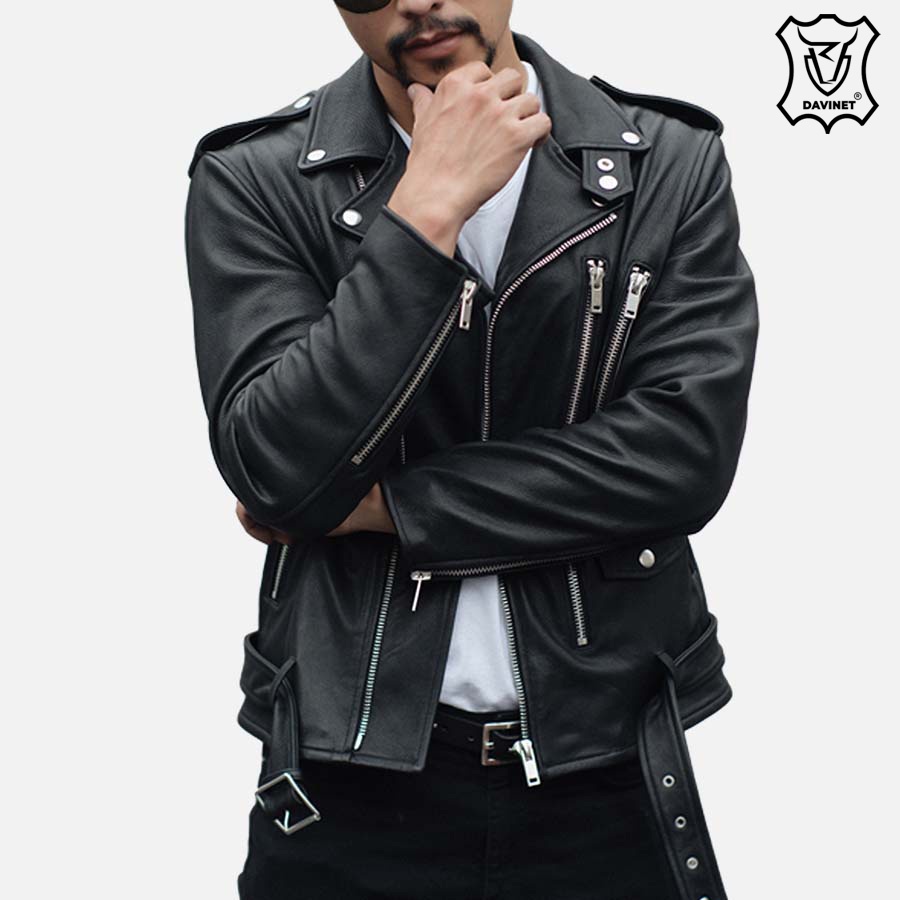 Áo Da Nam Xịn Biker DAVINET Am22-07, Da Thật, Siêu Bền, Hàng Hiệu, Chính Hãng, Bảo Hành 5 Năm