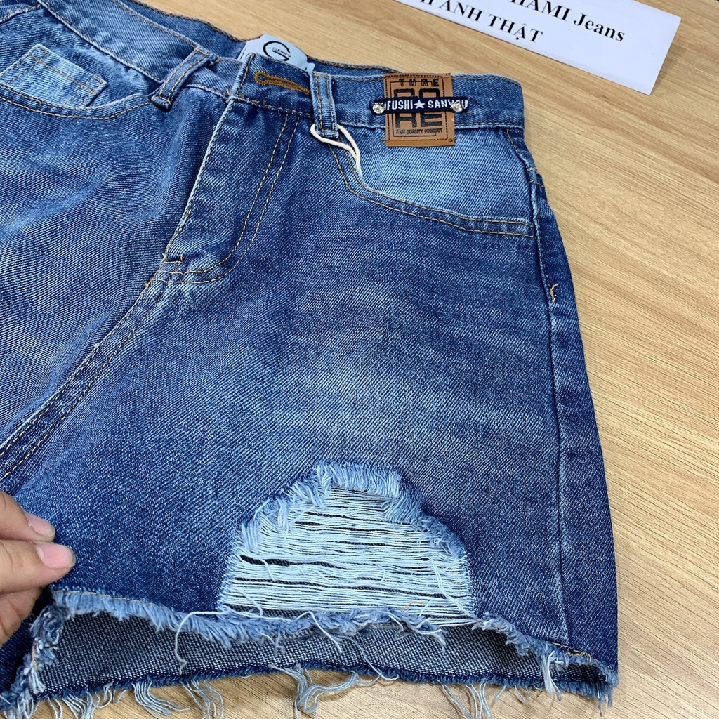 Quần short jean nữ rách Quần đùi jean cạp cao rách may mạc da