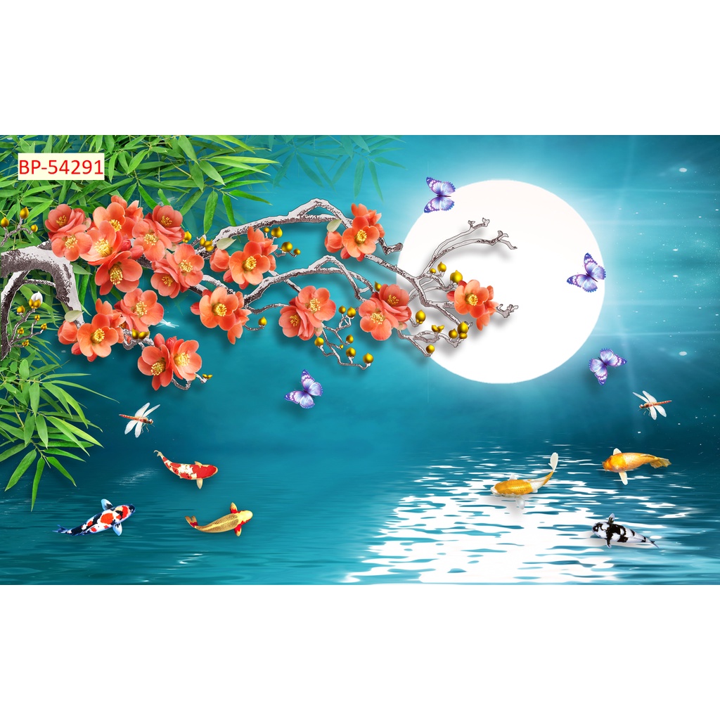 Tranh 3D cá chép trong hồ sen 3D đa dạng mẫu mã