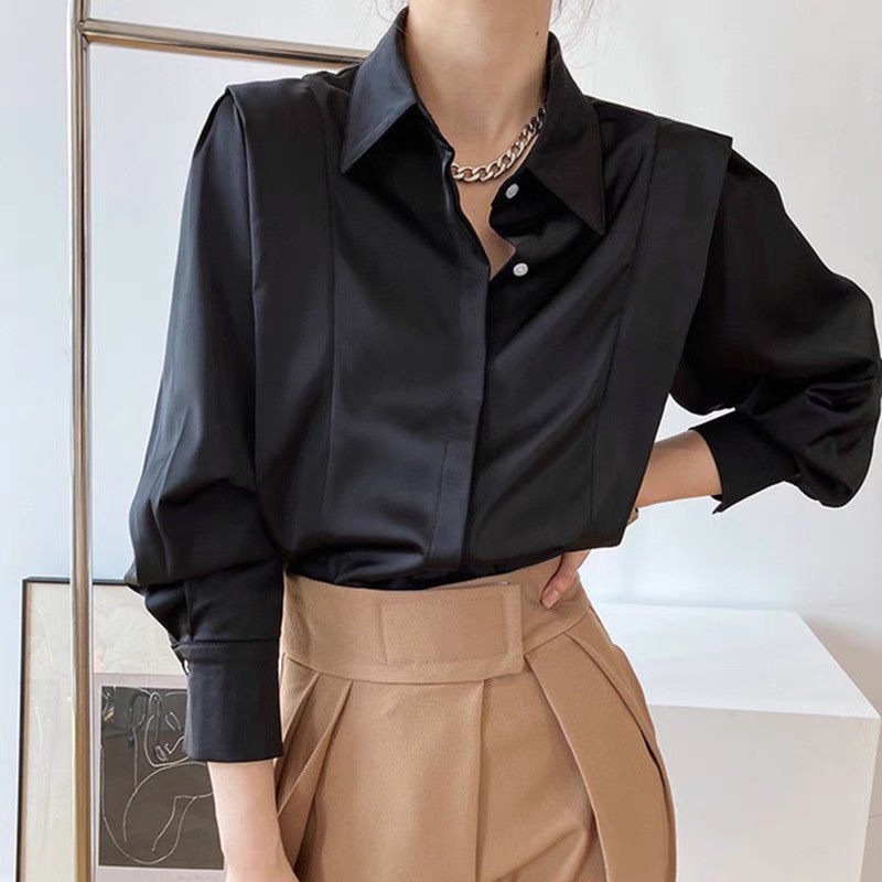 Áo sơ mi lụa cổ đức tay lật viền vai 175 - áo công sở nữ dài tay