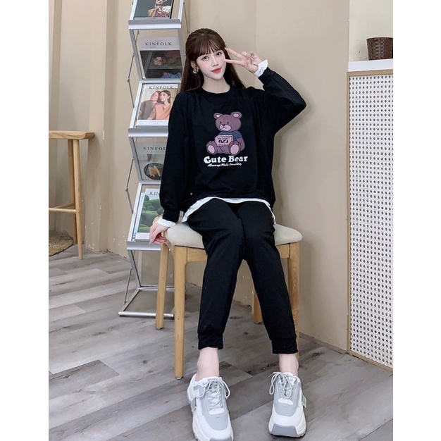 Bộ Bầu Nỉ Da Cá Siêu dày dặn -phong cách Hàn Quốc siêu xinh,có chun chỉnh bụng,áo from rộng-mặc thu đông -freesize 43-68