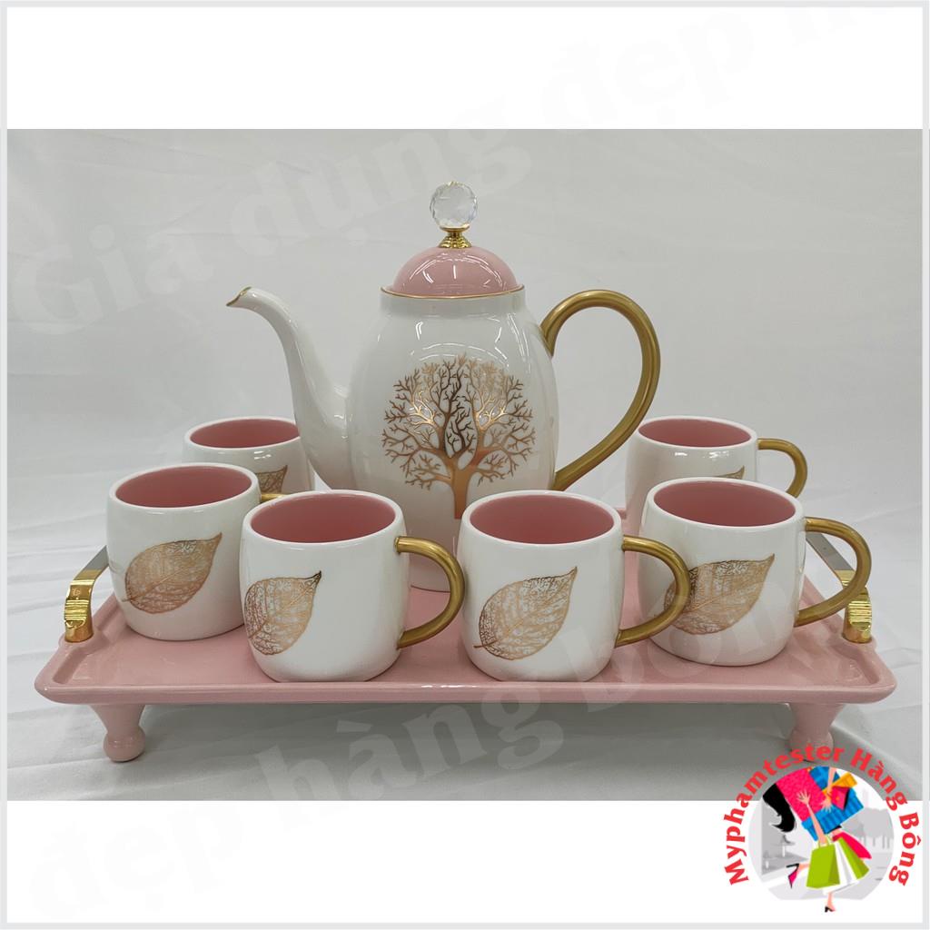 BỘ ẤM CHÉN HỌA TIẾT CÂY MAY MẮN VIỀN VÀNG CAO CẤP