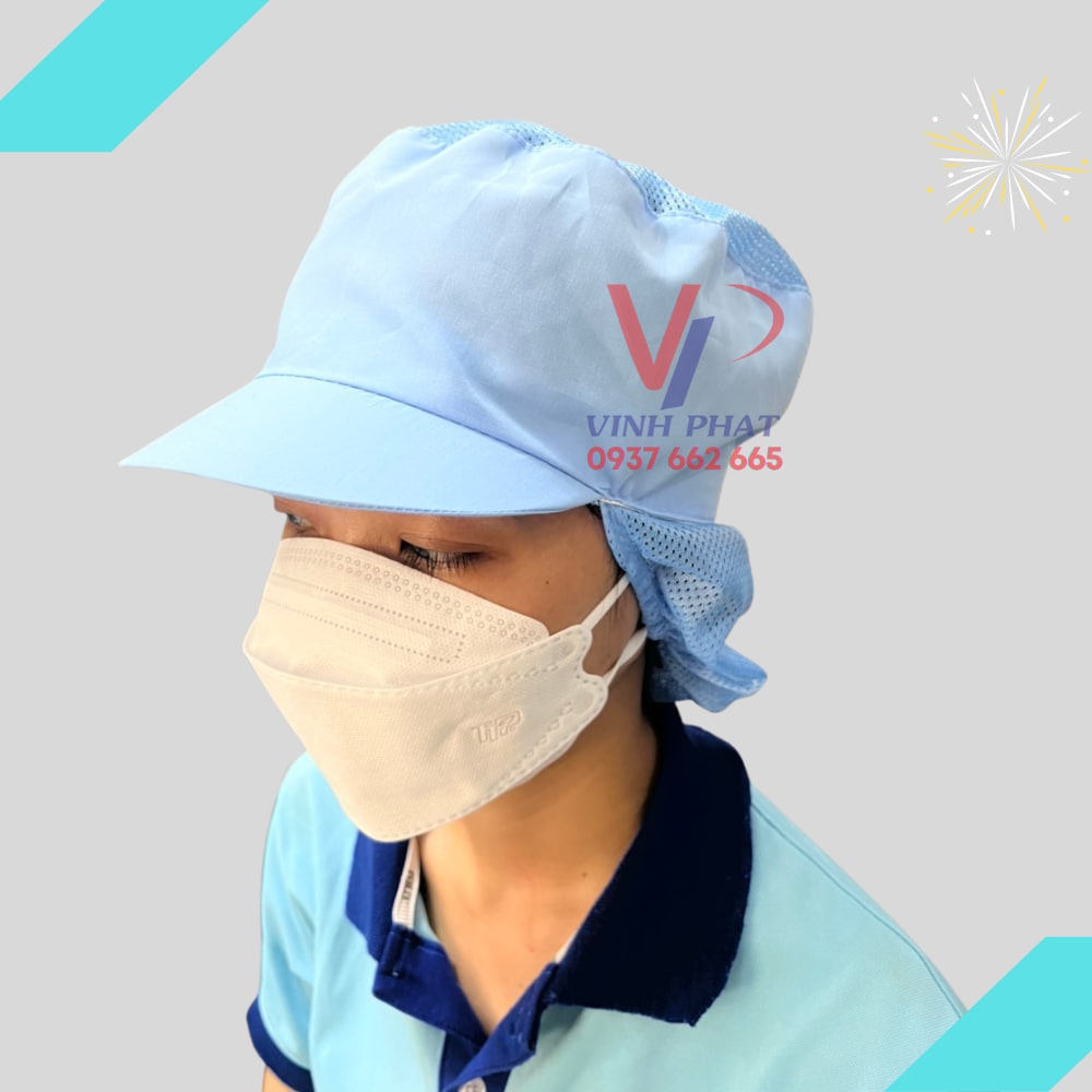 Nón Vải Trùm Tóc Lưới Dài Màu Xanh Công Nhân Thực Phẩm, Thuỷ Sản - Mũ Vải Lưới Dài Xanh Bảo Hộ, Y Tế - Hình Thật