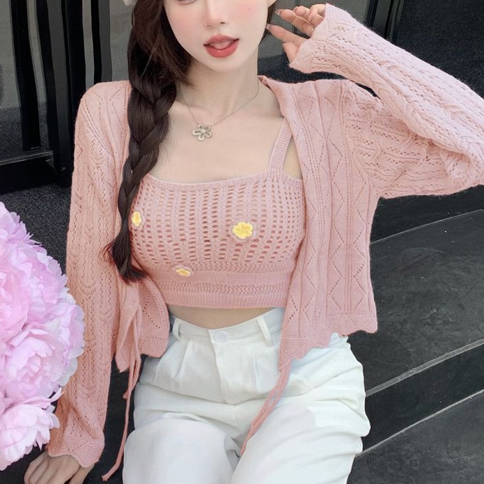 Set Áo Sơ Mi Và Áo Khoác Len Cardigan Hai Dây Thời Trang Cho Nữ