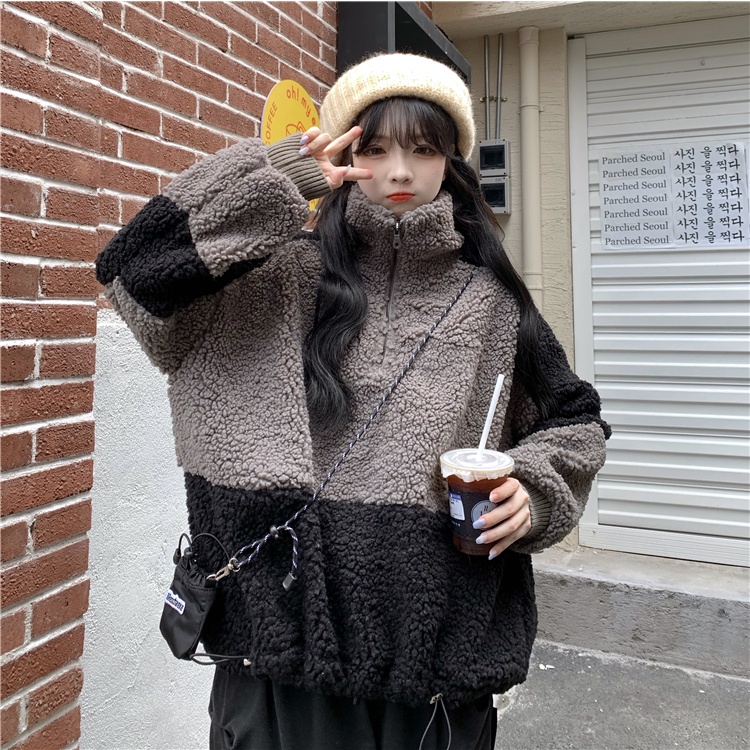 Áo hoodie Lông Cừu Dày Dặn Phối Màu Có Khóa Kéo Thời Trang Mùa Đông Cho Nữ