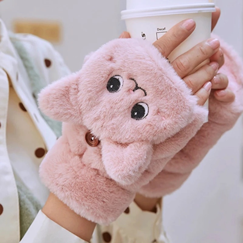 Găng Tay Hở Ngón Hình Mèo Bông Mềm Mại Phong Cách Hàn Quốc Cho Nữ