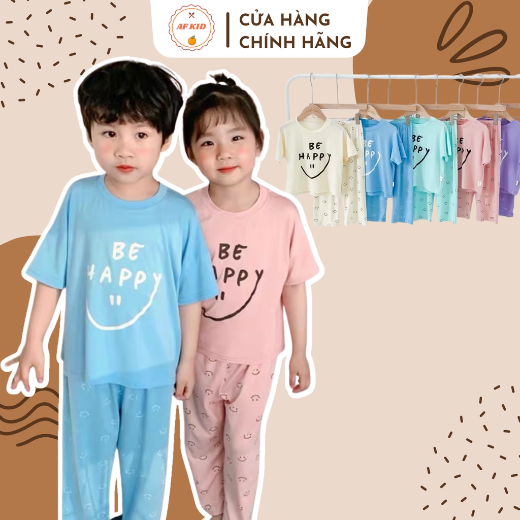 Bộ quần áo trẻ em tay cộc quần dài AFKID Be Happy cho bé trai bé gái, vải thun lạnh cao cấp 7-27kg
