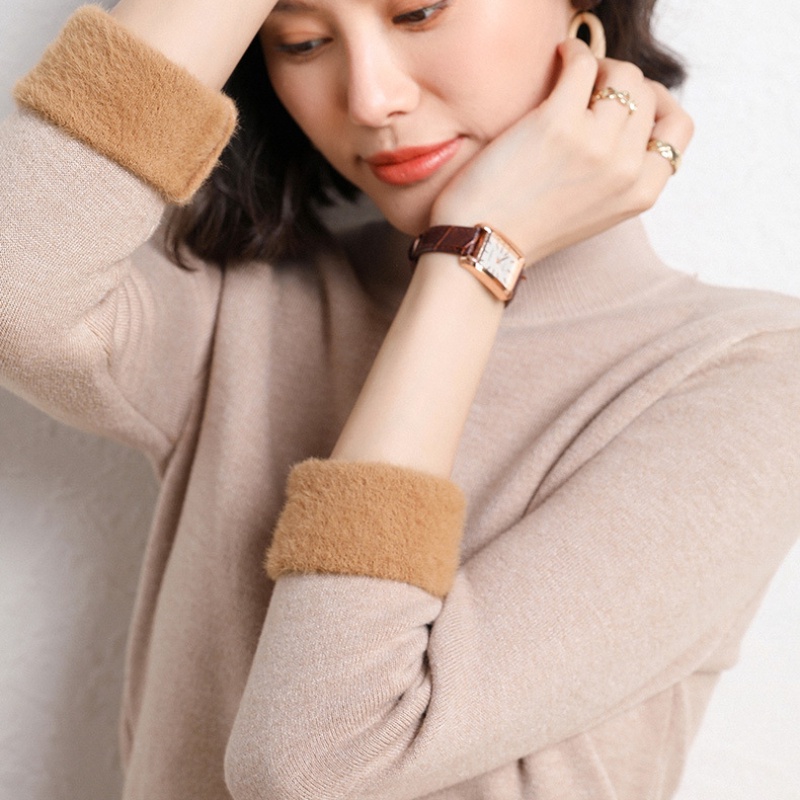 Áo Sweater Dệt Kim Vải Lông Cừu Dày Dặn Tay Dài Màu Trơn Thời Trang Thu Đông Cho Nữ