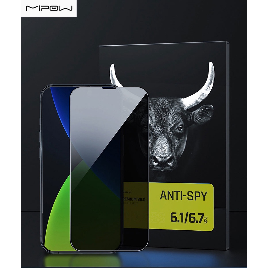 Miếng Kính Cường Lực Chống Nhìn Trộm cho iPhone 14 Series Hiệu MIPOW KINGBULL ANTI-SPY PREMIUM SILK HD 2.7D Cao Cấp