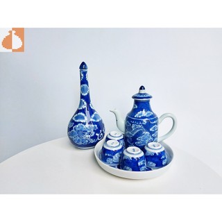 Bộ ấm chén nhạo rượu men lam Cảng Long Ẩn