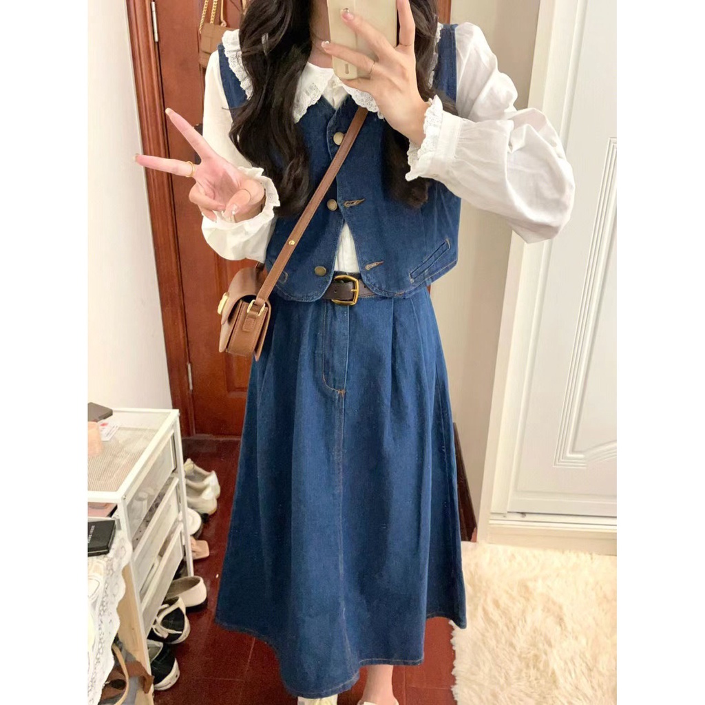 Set Áo Sơ Mi Trắng Phối Chân váy jean Phong Cách Hàn Quốc Thời Trang Mùa Thu Xinh Xắn Cho Nữ