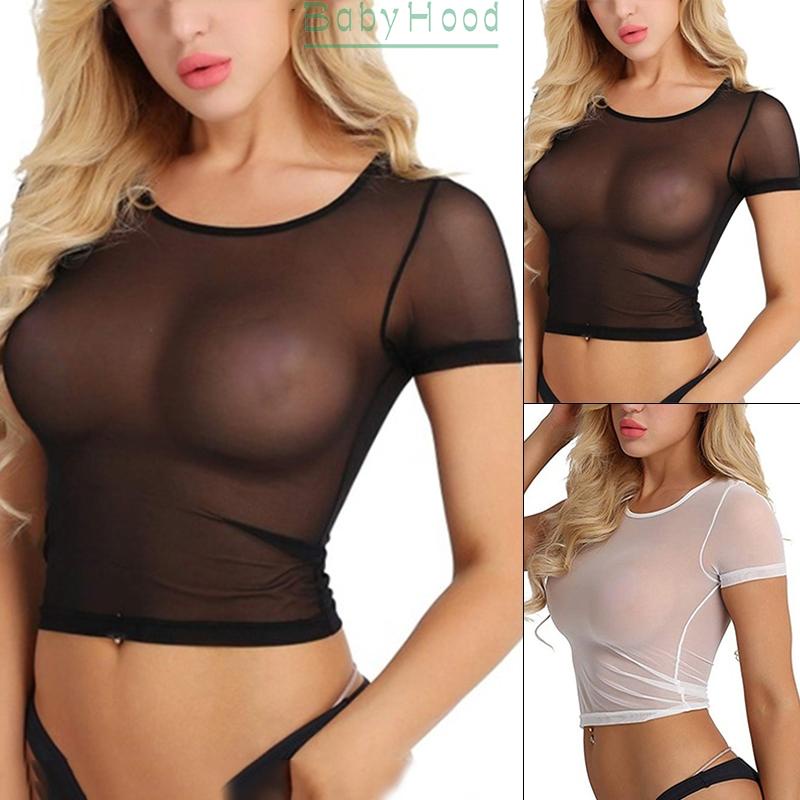 Ladies Women Tops Tight Clubwear Cropped Mesh Short sleeve Transparent#BBHOOD