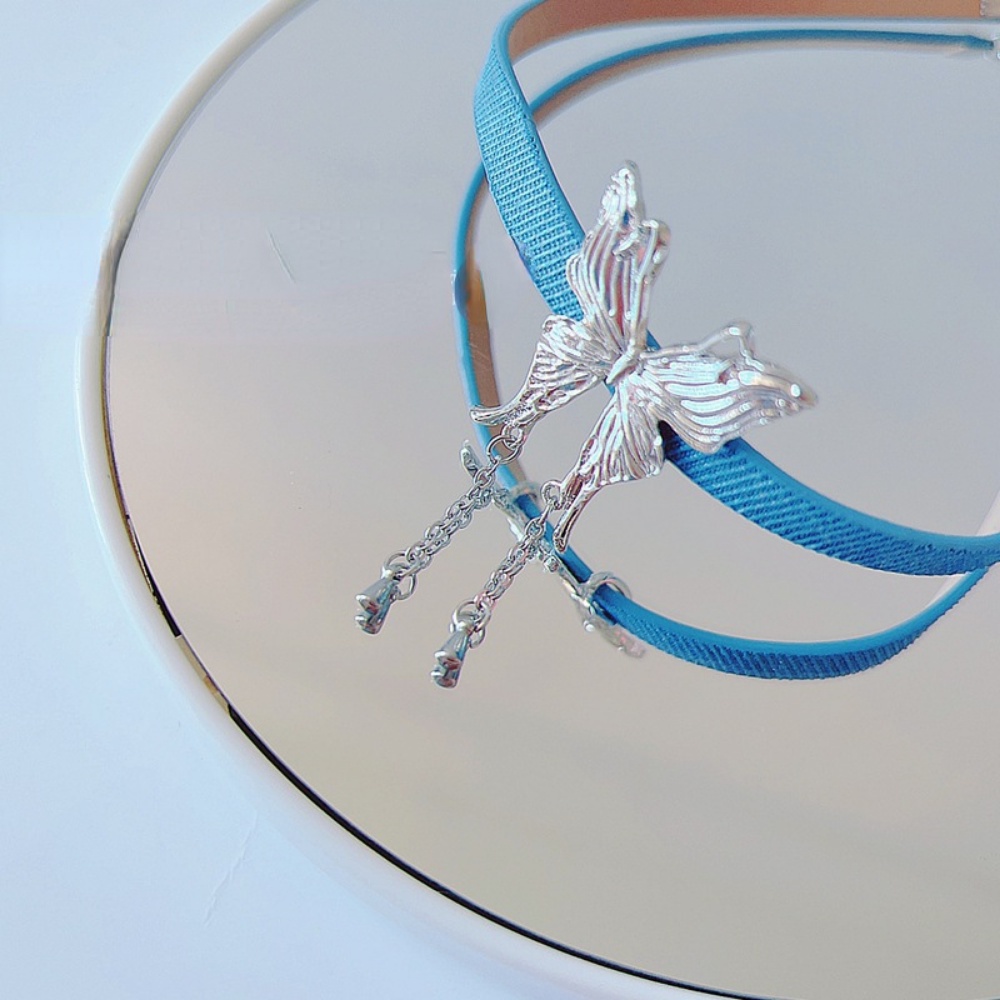Vòng Cổ Choker Denim Dạng Lỏng Tua Rua Bướm Màu Sáng Kiểu Dáng Đơn Giản Hàng Mới