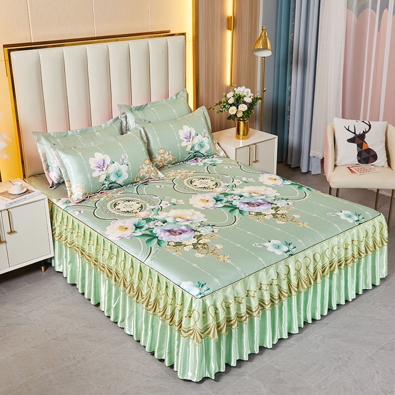 Bộ Ga Trải Giường 3 Trong 1 Bằng Lụa Lạnh In Hoa Sang Trọng Kèm 2 Chân Trải Giường Cỡ Lớn 4 / 5 / 6 feet