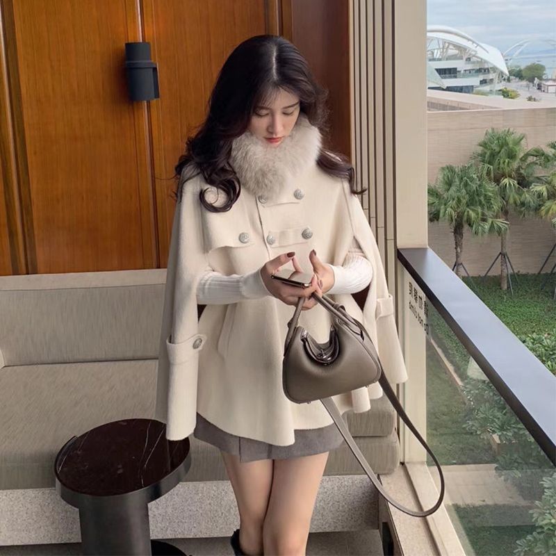 Hot | Áo Khoác Len Lông Cừu Cổ Phối Hai Hàng Nút Có Thể Tháo Rời Phong Cách retro Hàn Quốc