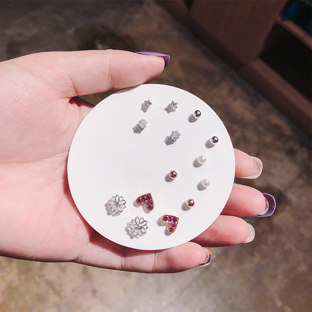 Set 6 / 7 Cặp Bông Tai Trái Tim Đính Đá Thời Trang Nữ