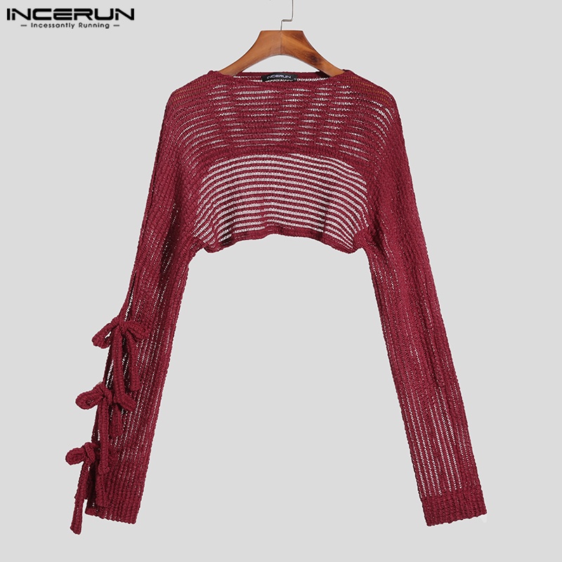 Áo thun lưới INCERUN tay dài thắt nơ bướm gợi cảm cho nam