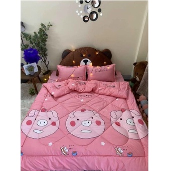 Bộ chăn phao ga gối 5 món mẫu con heo hồng - drap beding