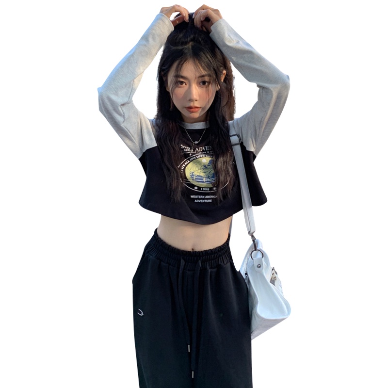 Áo Thun Nữ Dài Tay In Chữ Tương Phản Phong Cách Vintage Mới