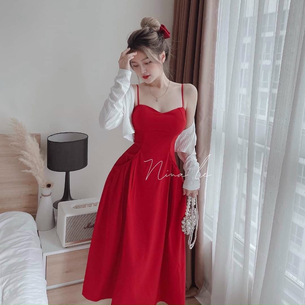 Sét Đầm Váy Nữ 2 Dây Tông Màu Đỏ Túi Bên Hông  Kèm Áo Khoác Ngoài Thun Gân Thời Trang Kiểu Cách Đi Chơi