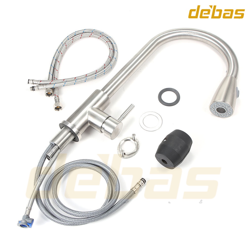 Vòi rửa chén bát dây rút inox 304 hàng đúc nặng cao cấp tặng dây cấp inox nóng lạnh Debas V7212 INOX