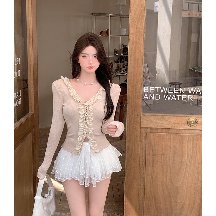 HUANG YOYO Áo Khoác cardigan Dài Tay Cổ Chữ v Form Ôm Kiểu Dáng Ngọt Ngào