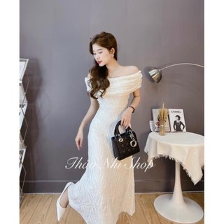 Đầm midi gân trắng bẹt vai gấp