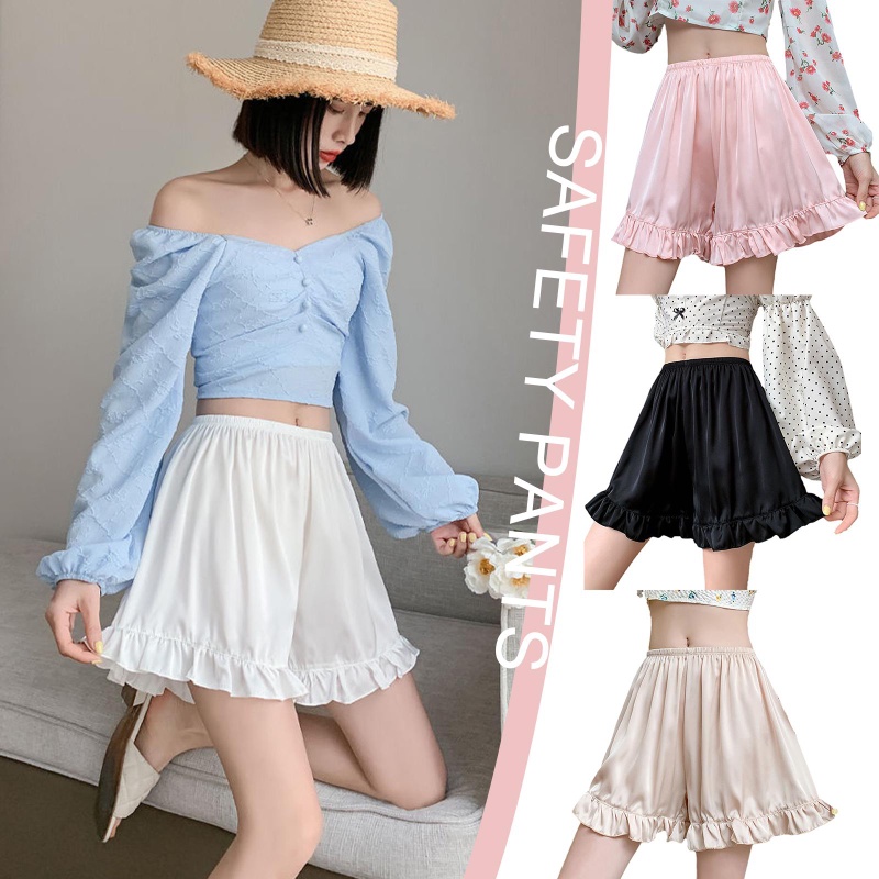 Quần Short An Toàn Mặc Dưới Váy Bằng Lụa Satin Viền Ren Bèo Màu Trắng / Đen Cho Nữ