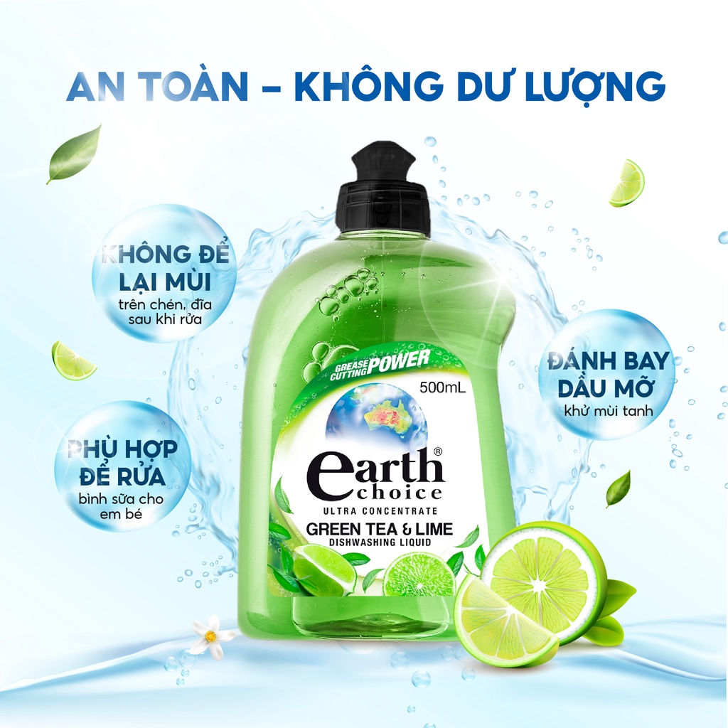 Nước Rửa Chén Đậm Đặc EARTH CHOICE Khử Mùi Tanh Giúp Ly Chén Dĩa Sạch Sáng Bóng Hương Chanh Trà Xanh Dung Tích 500ML