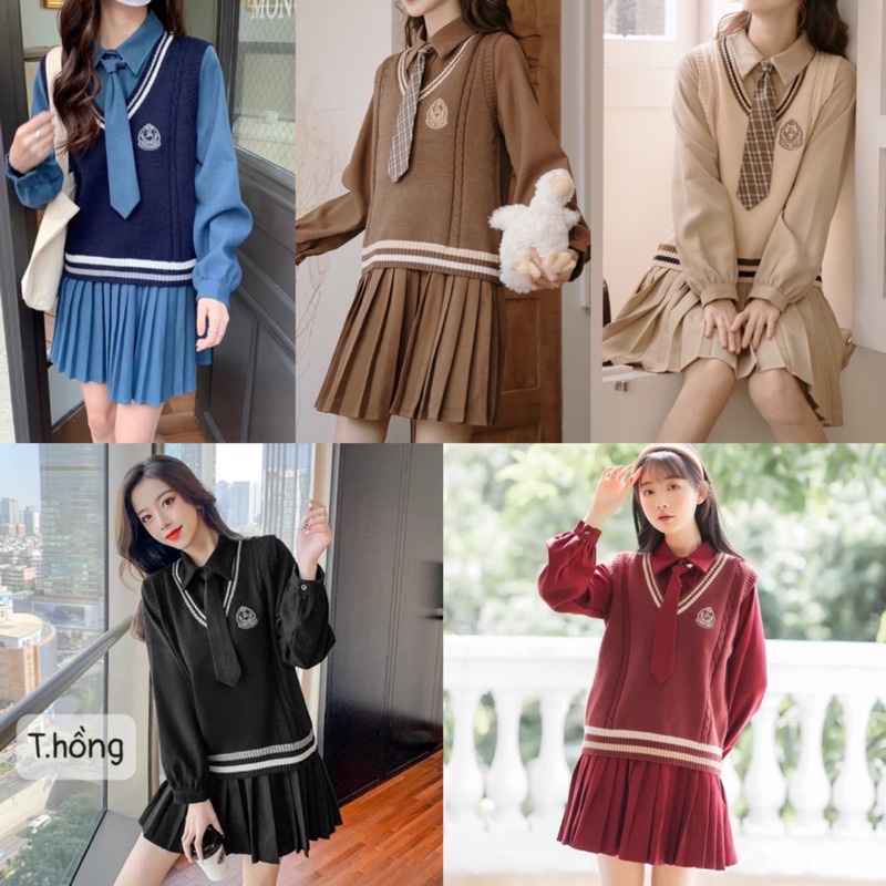 Sét váy tiểu thư 3 món gile cà vạt hot hit chuẩn hàng quảng châu
