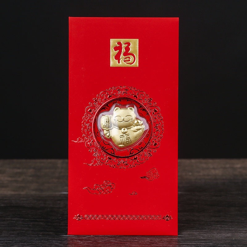 [ Hàng Cao Cấp ] Lì xì MÈO MAY MẮN mạ vàng 999 0,2gr vỏ bao nhung có giấy chứng nhận.