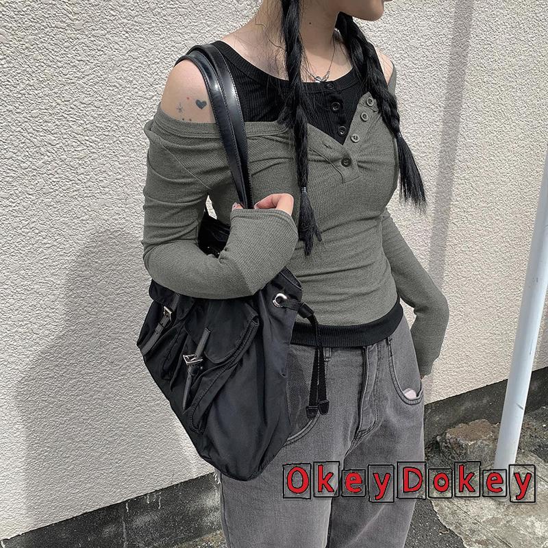 Áo Thun Tay Dài Hở Vai Phối Nút Thời Trang Đường Phố Cho Nữ Y2K