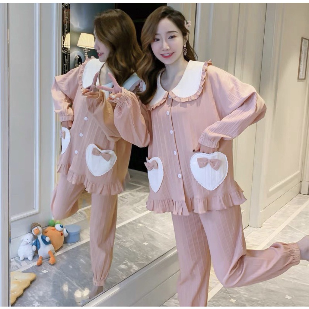 Bộ Bầu Và Sau Sinh Dài Tay Quần Dài Thu Đông, Áo Có Khóa Cho Con Bú Cổ Cánh Sen Dễ Thương Xinh Xắn HN0299 Mama Store99
