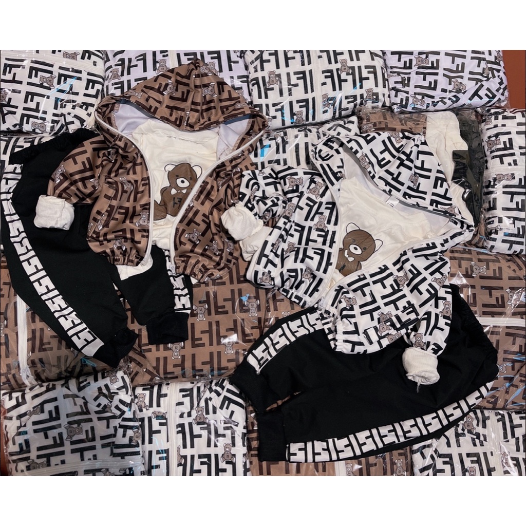 Quần áo thu đông bé trai, Sét 3 chi tiết họa tiết gấu F.F in tràn cho bé