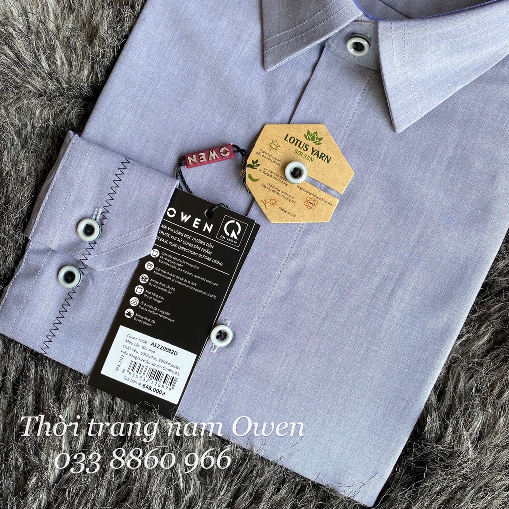 OWEN - Áo sơ mi dài tay Owen Slimfit chất sợi sen mềm mát màu xám trơn 220082