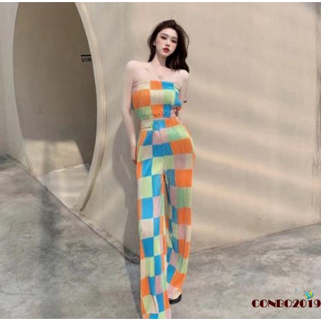 Set Đồ 2 Món Gồm Áo Không Tay Họa Tiết Kẻ Sọc Nhiều Màu + Quần Ống Rộng Lưng Cao Co Giãn Cho Nữ