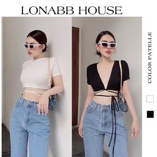 Áo croptop tay ngắn đan dây LONABB HOUSE áo đắp chéo cột dây cá tính Áo cột eo phối mặc được hai kiểu
