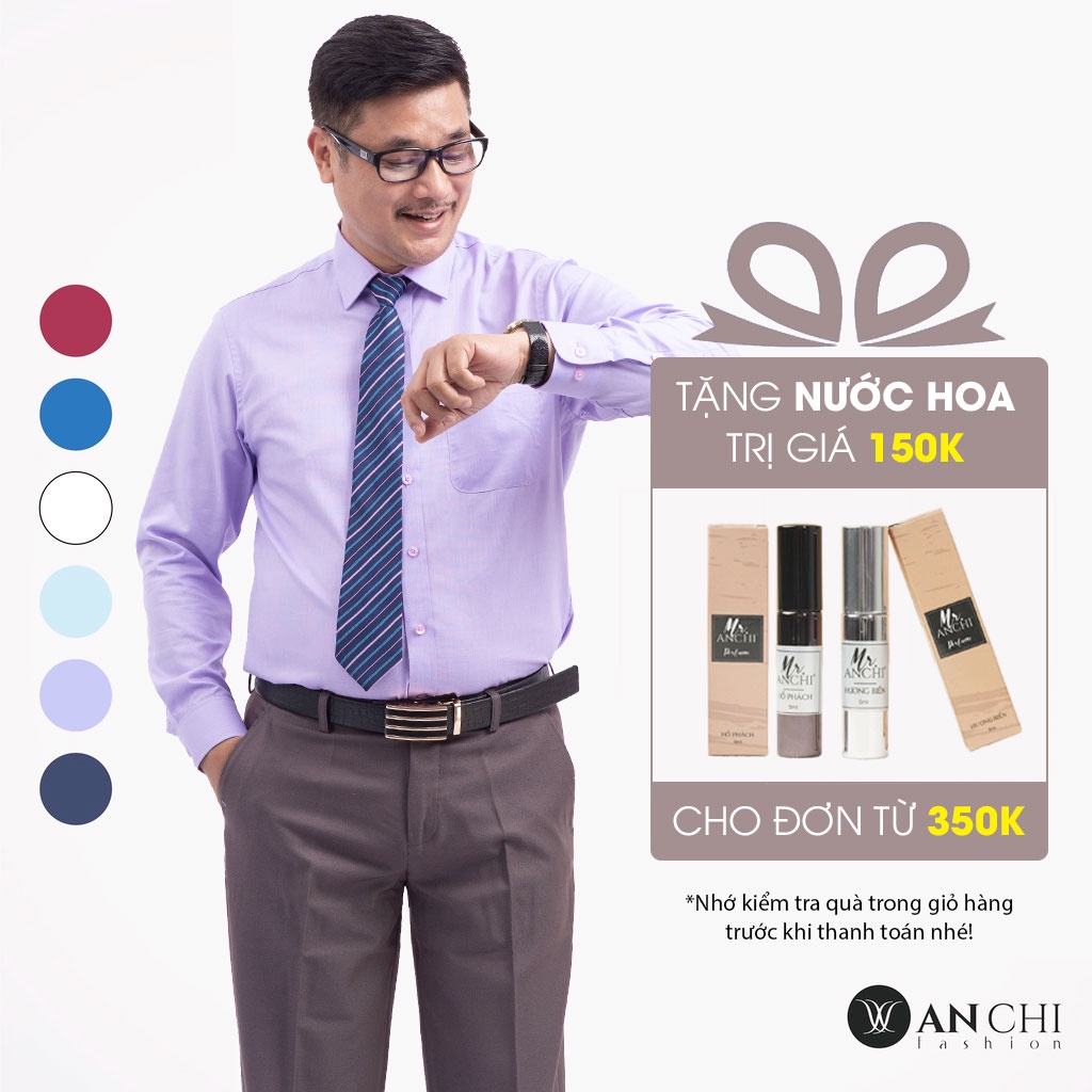 Áo Sơ Mi Nam Dài Tay Trung Niên ANCHI Màu Tím Nhạt Trơn Vải Sợi Tre Cao Cấp