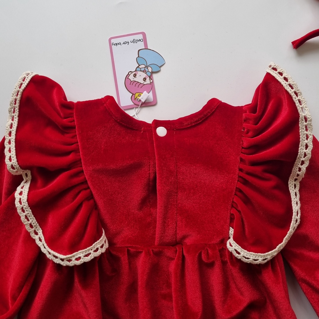 Bodysuit nhung đỏ tay cánh tiên cho bé gái sơ sinh mặc thôi nôi, đầy tháng Thu Đông - Riokids BD81